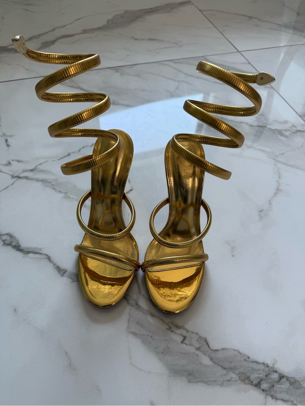 Fashion Nova Metallic Gold Spiral Wrap Heeled Sandals